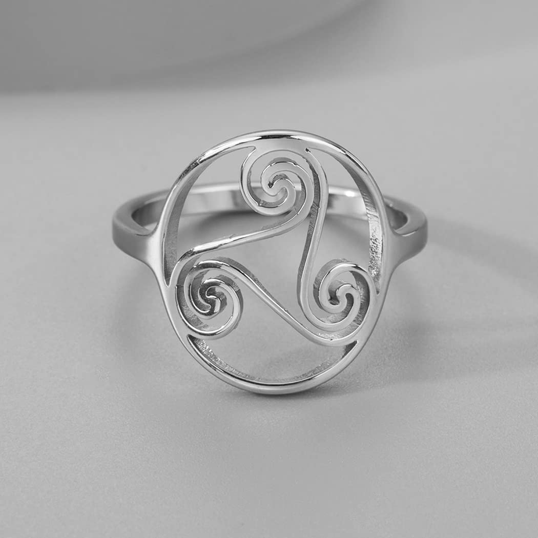 QIAMNI Stainless Steel Triskele Triskelion Knot Finger Ring Triple Spiral Amulet Vintage Irish Runes Jewelry Gift (SILVER)