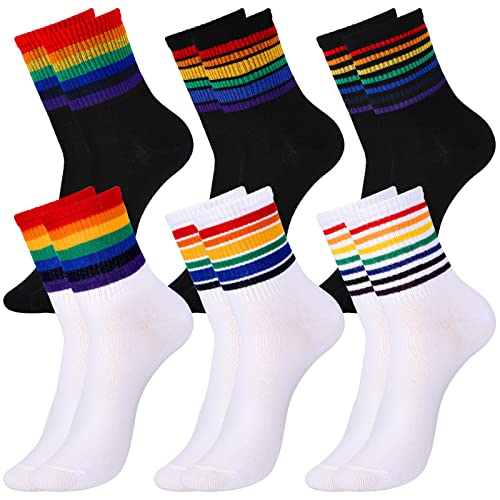 Bencailor 6 Pairs Crew Socks Striped Rainbow Athletic Cotton Novelty Ankle Socks Casual Multicolored Unisex Matching Socks (Vivid)