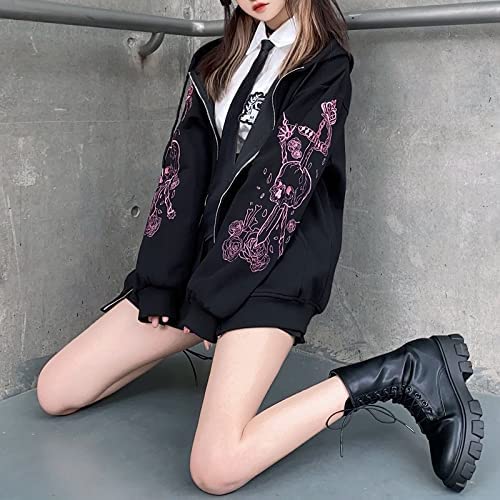 Women Y2K Fall Goth Skeleton Dark Academia Zip Up Hoodie, Harajuku Alt Punk Vintage Emo Graphic Korean Hooded Jacket (M,Medium) Black