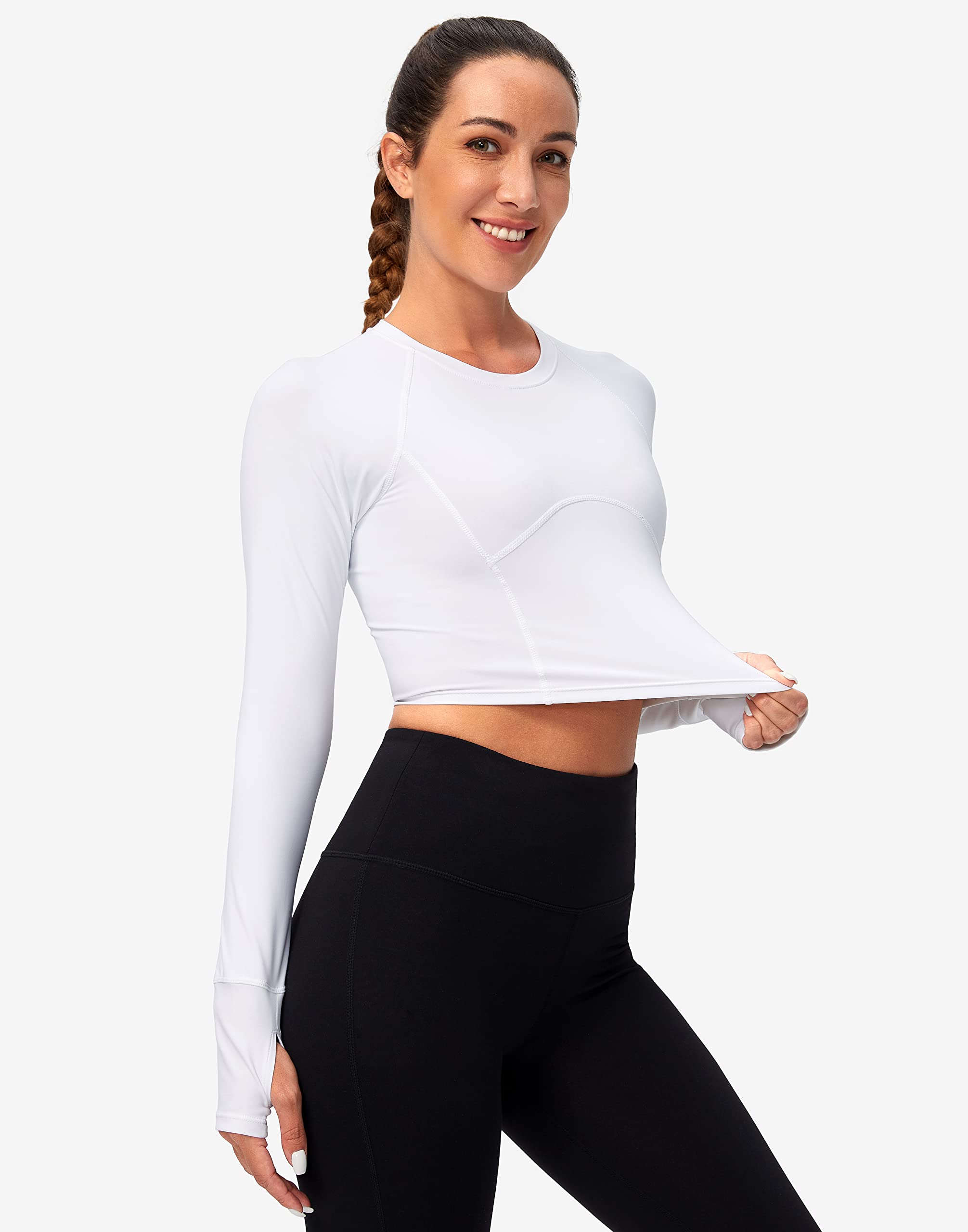 SANTINY Women's Long Sleeve Crop Workout Tops Slim Fit Gym Yoga Running Shirts for Women(A White_M)