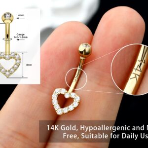 Melighting Gold Belly Button Rings 14K Real Gold Belly Rings Heart Belly Piercing Jewelry Clear CZ Navel Piercing Jewelry for Women