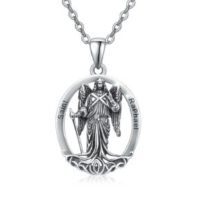 XIXLES Saint Raphael Necklace 925 Sterling Silver Archangel St Raphael Pendant Necklace,Patron Saint Raphael Medal Jewelry for Men with 22 in Chain