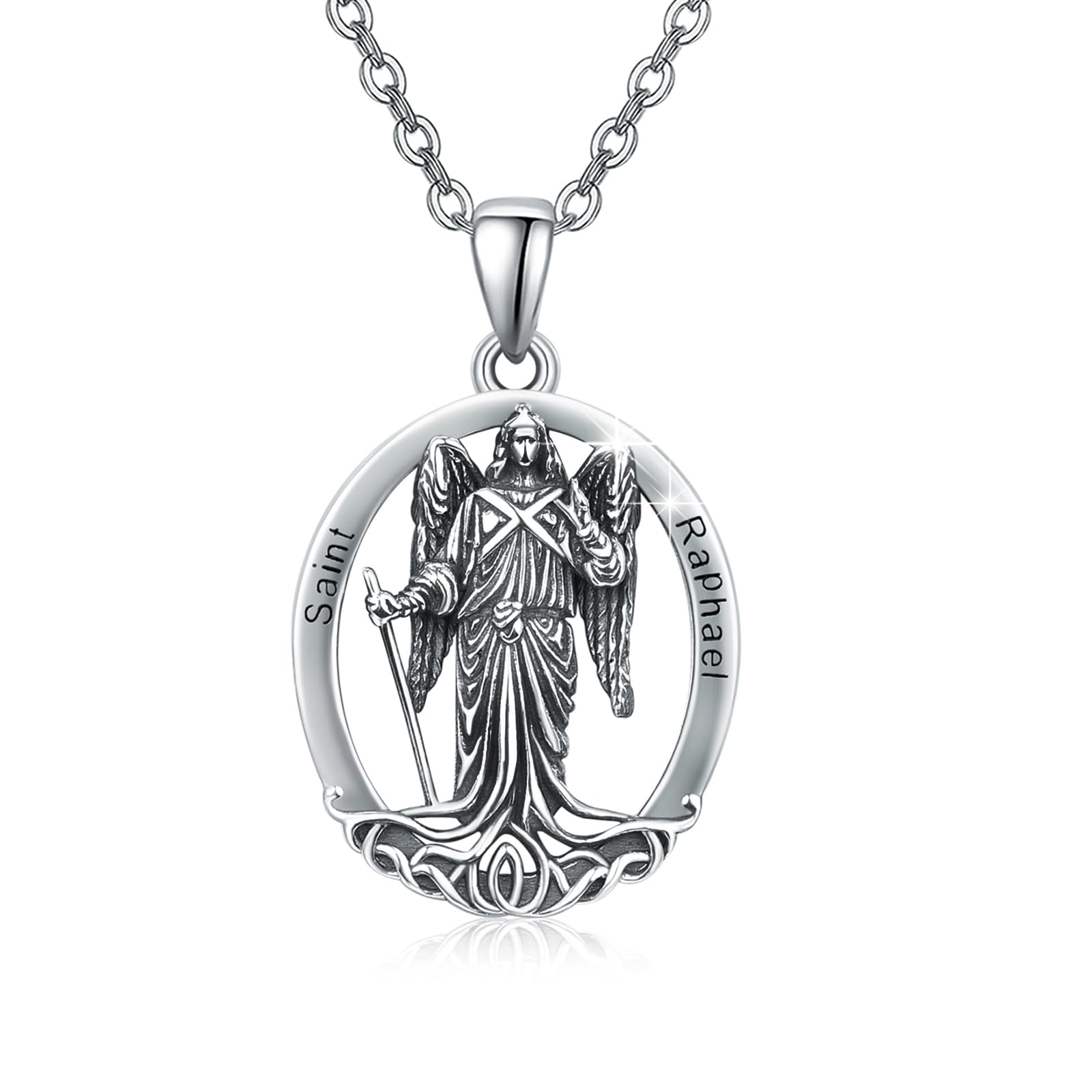 XIXLES Saint Raphael Necklace 925 Sterling Silver Archangel St Raphael Pendant Necklace,Patron Saint Raphael Medal Jewelry for Men with 22 in Chain