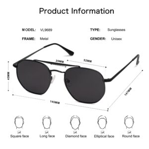 VANLINKER Retro Polarized Sunglasses for Women Men Vintage Shades UV400 Polygon Mirrored Lens VL9689 Black Frame Grey Lenses