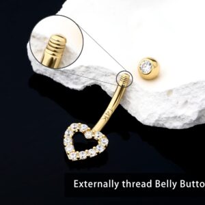 Melighting Gold Belly Button Rings 14K Real Gold Belly Rings Heart Belly Piercing Jewelry Clear CZ Navel Piercing Jewelry for Women