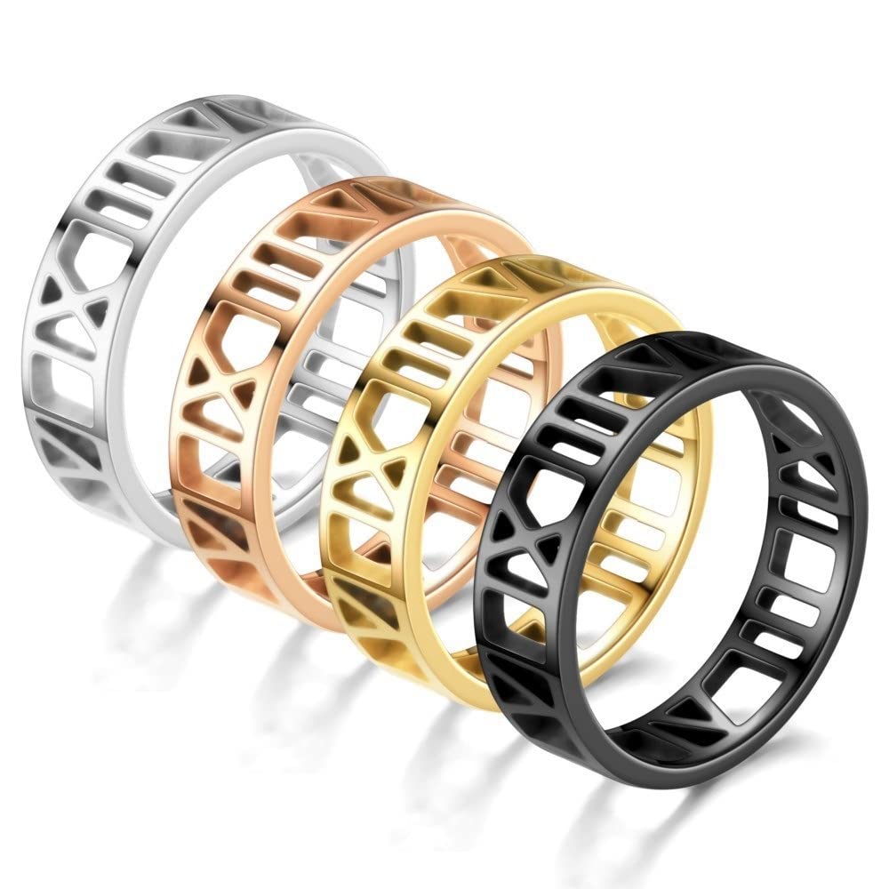 4pcs Hollow Out Roman Numeral Rings Set Stainless Steel Gold Plated Delicate Elegant Unisex Band Rings-7