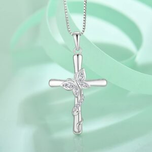 Blaniy Cross Necklace for Women 925 Sterling Silver Butterfly Necklace April Birthstone Pendant Necklace with Cubic Zirconia Jewelry Gifts for Women