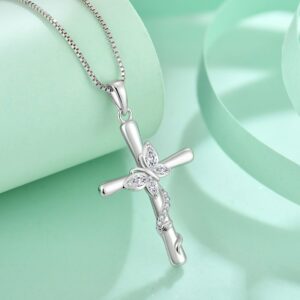 Blaniy Cross Necklace for Women 925 Sterling Silver Butterfly Necklace April Birthstone Pendant Necklace with Cubic Zirconia Jewelry Gifts for Women