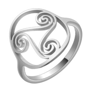 QIAMNI Stainless Steel Triskele Triskelion Knot Finger Ring Triple Spiral Amulet Vintage Irish Runes Jewelry Gift (SILVER)