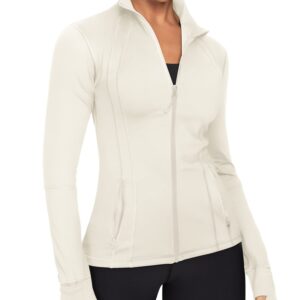 GYM RAINBOW Women's Lightweight Running Jackets Cottony-Soft 4-Way Stretch Zip up Slim Fit Workout Yoga Athletic Jacket(A-Ivory White,Large)