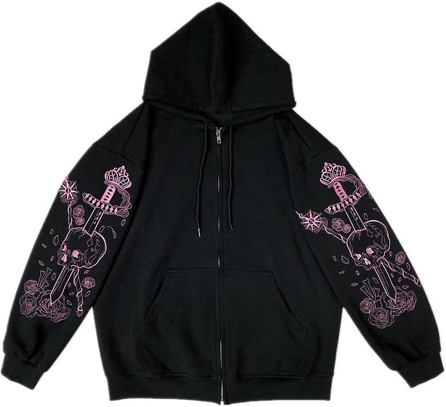 Women Y2K Fall Goth Skeleton Dark Academia Zip Up Hoodie, Harajuku Alt Punk Vintage Emo Graphic Korean Hooded Jacket (M,Medium) Black