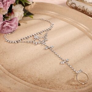 Rumtock Silver Rhinestones Link Chain Hand Harness with Finger Ring Women Girls Wedding Prom Party Bracelet Boho Hand Chain Jewelry