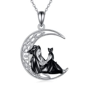 URONE Witch Necklace Sterling Silver Witch and Black Cat Celtic Moon Pendant Halloween Jewelry for Women