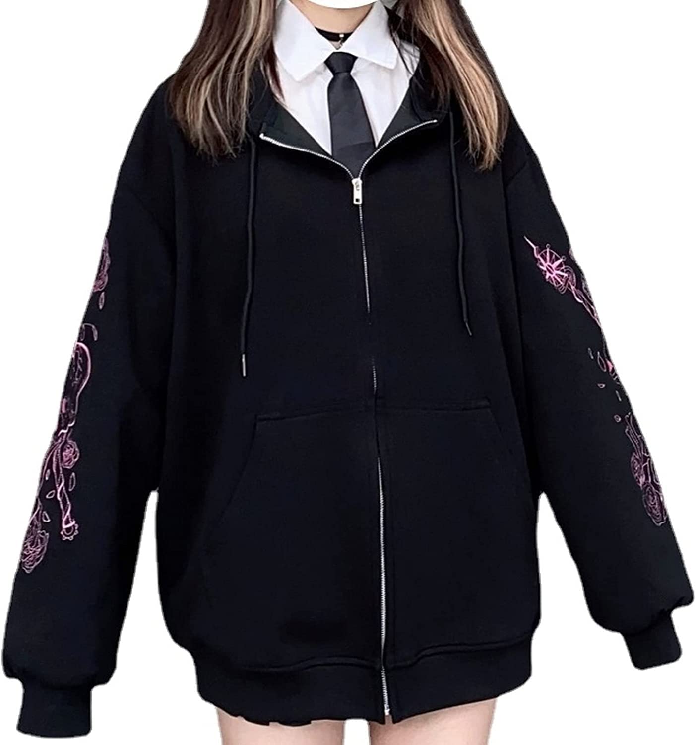 Women Y2K Fall Goth Skeleton Dark Academia Zip Up Hoodie, Harajuku Alt Punk Vintage Emo Graphic Korean Hooded Jacket (M,Medium) Black