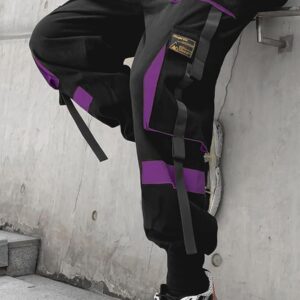 Mens Color Patchwork Punk Cargo Tactical Track Pants Techwear Hip hop Joggers Streetwear Pants Pink-20 X-Small