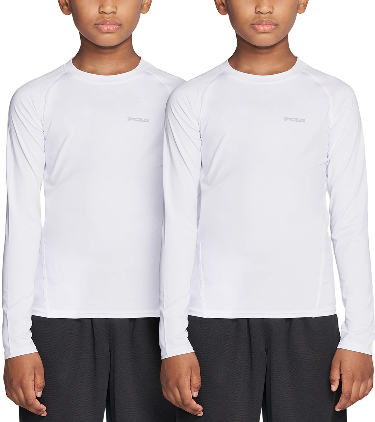 TSLA Kid's & Boy's Cool Dry Long Sleeve Compression Shirts, Athletic Workout Shirt, Sports Base Layer T-Shirt, 2pack Off White/Off White, 20