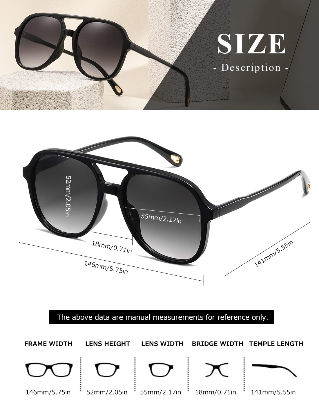 MASDUN Retro Square Aviator Sunglasses Womens Mens 70s Stylish Vintage Double Bridge Sun Glasses