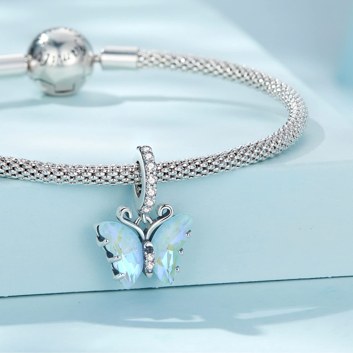 WOSTU Crystal Butterfly Charm for Bracelet Dazzling Butterfly 925 Sterling Silver Crystal Pendant Charm Fit Euripean Bangle Charm Bracelet DIY Jewelry