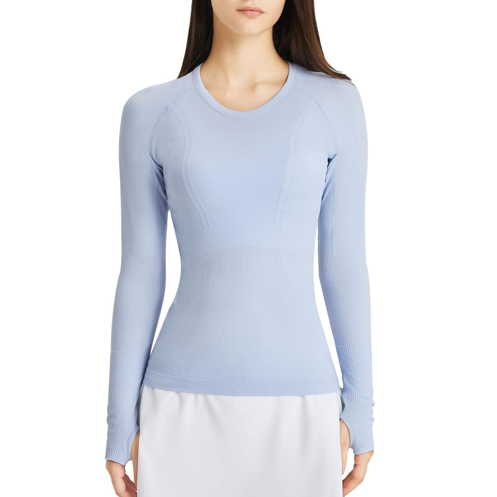 Long Sleeve Workout Shirts for Women Seamless Yoga Tops, Running T-Shirt Breathable Gym Athletic Tops Slim Fit Blue