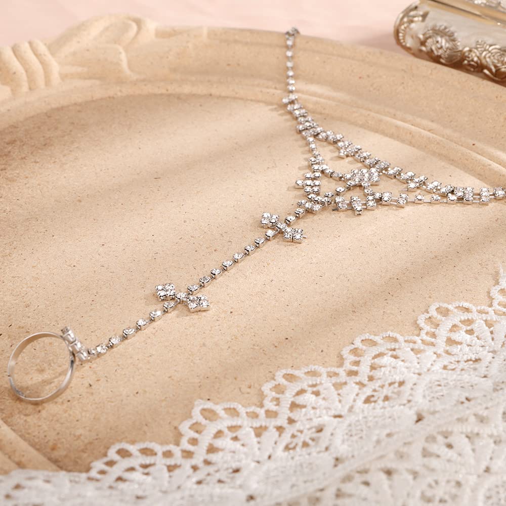 Rumtock Silver Rhinestones Link Chain Hand Harness with Finger Ring Women Girls Wedding Prom Party Bracelet Boho Hand Chain Jewelry