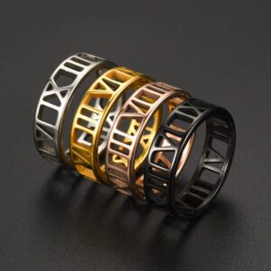 4pcs Hollow Out Roman Numeral Rings Set Stainless Steel Gold Plated Delicate Elegant Unisex Band Rings-7