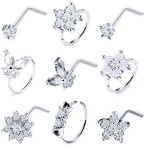 Pnsgisr Nose Rings Studs Hoops Piercings Jewelry for Women Men 20g 20 Gauge Silver Surgical Stainless Steel l Shaped Shape Stuf Bar Big Hypoallergenic Butterfly Nostril Aretes Para La Nariz