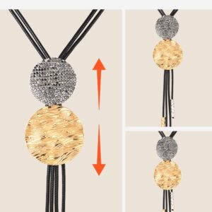 KISSKIKO Long Necklaces Tassel Sweater Chain for Woman | Girls Retractable Lucky Disk Pendant | Gold/Silver Black Ore Rhinestones PU Leather Rope Y Necklace Gift