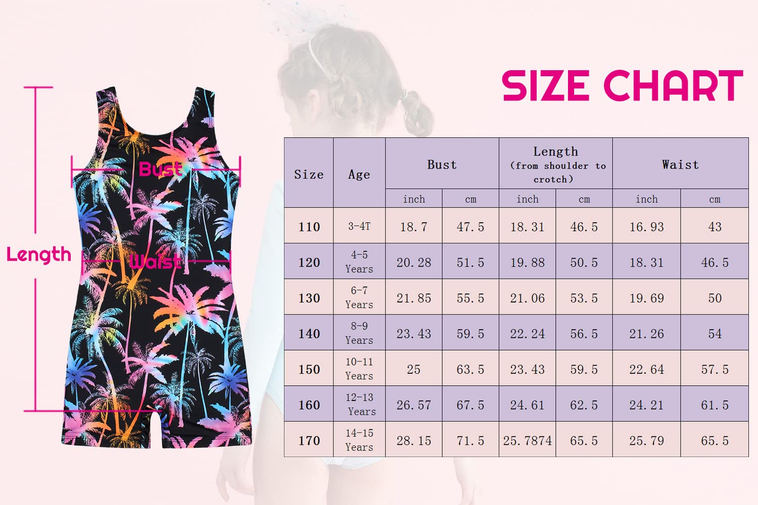 JESKIDS Leotards for Girls Gymnastics with Shorts Dance Biketards Tumbling Unitard Matching Hair Scrunchie Coconut Tree 14T 15T