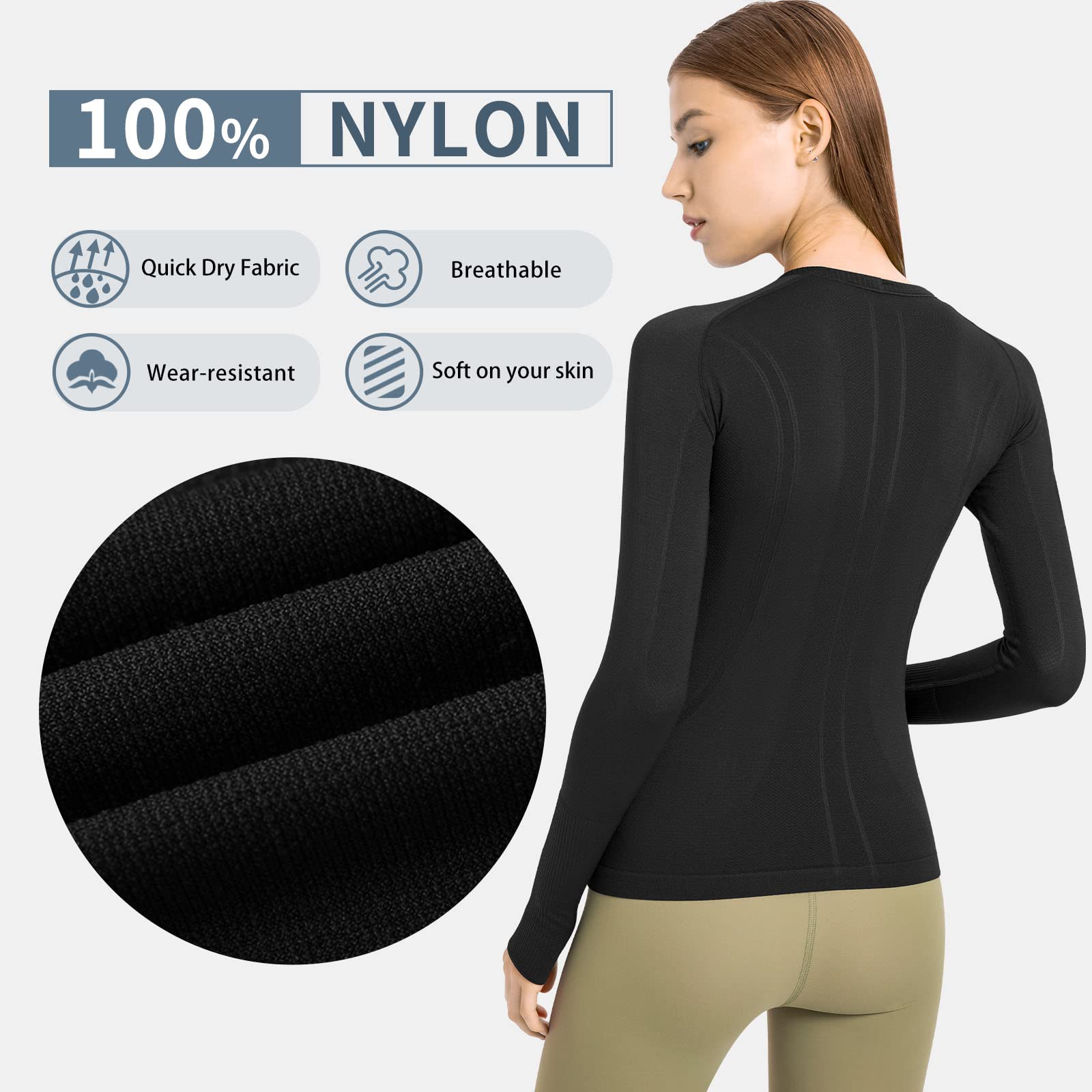 Long Sleeve Workout Shirts for Women Seamless Yoga Tops, Running T-Shirt Breathable Gym Athletic Tops Slim Fit Black