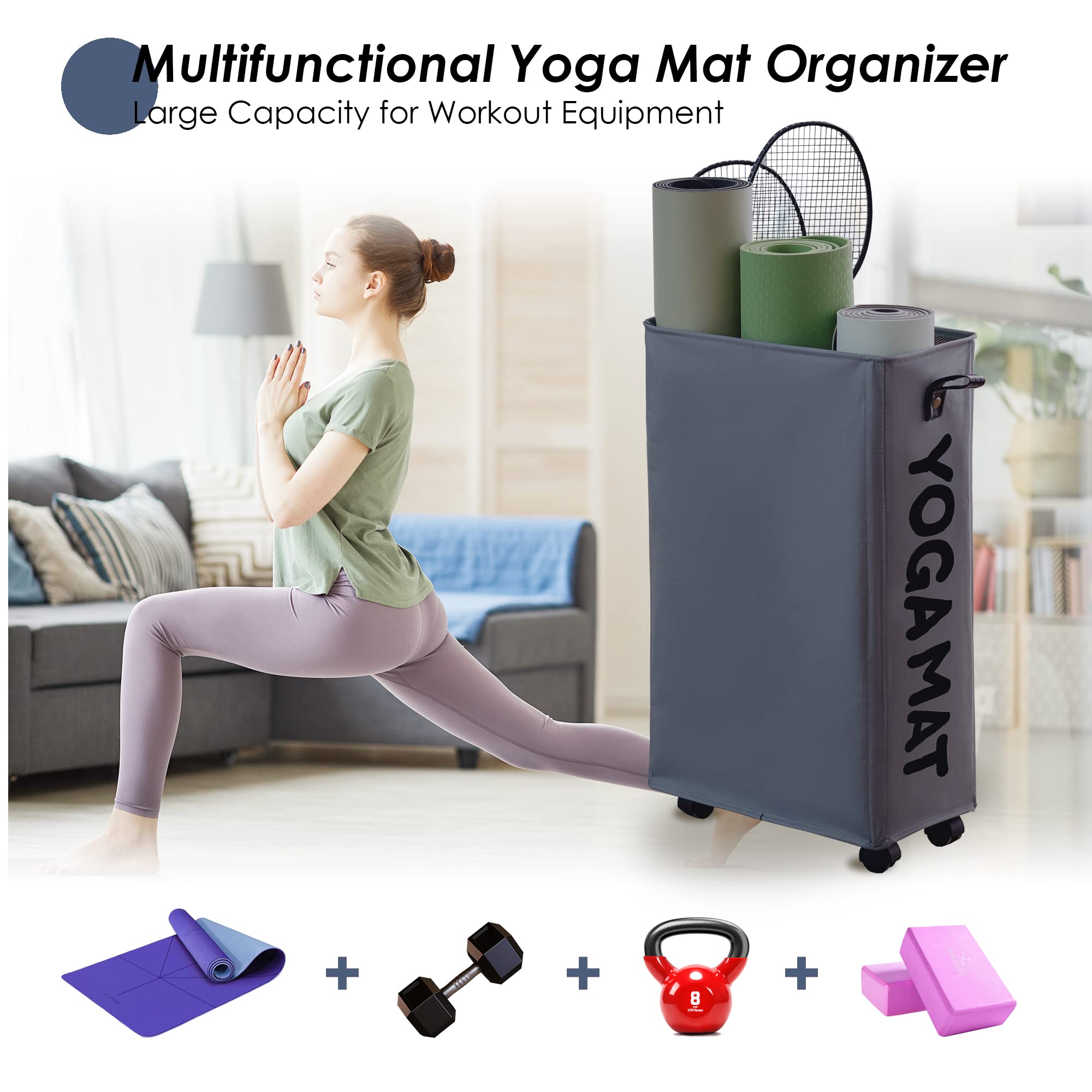 Caroeas Yoga Mat Storage Rack, 22 inches Large Yoga Mat Holder Accessories, Home Gym Equipment Storage Yoga Mats, Women Men Workout Equipment Organization with 4 Wheels, Gray