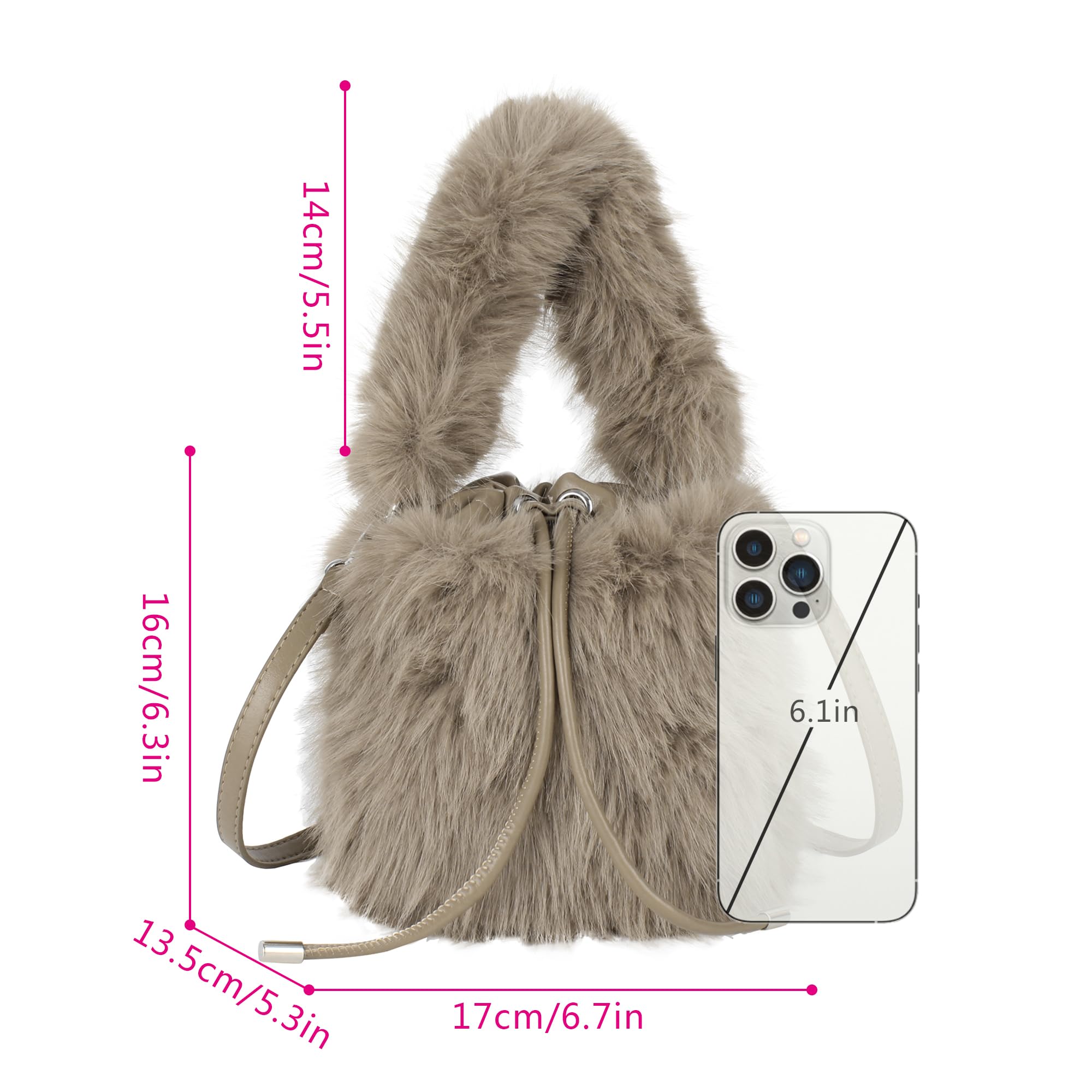 Hyuyikuwol Women Faux Fur Winter Fashion Shoulder Bag Barrel Shape Drawstring Satchel Purse, Khaki