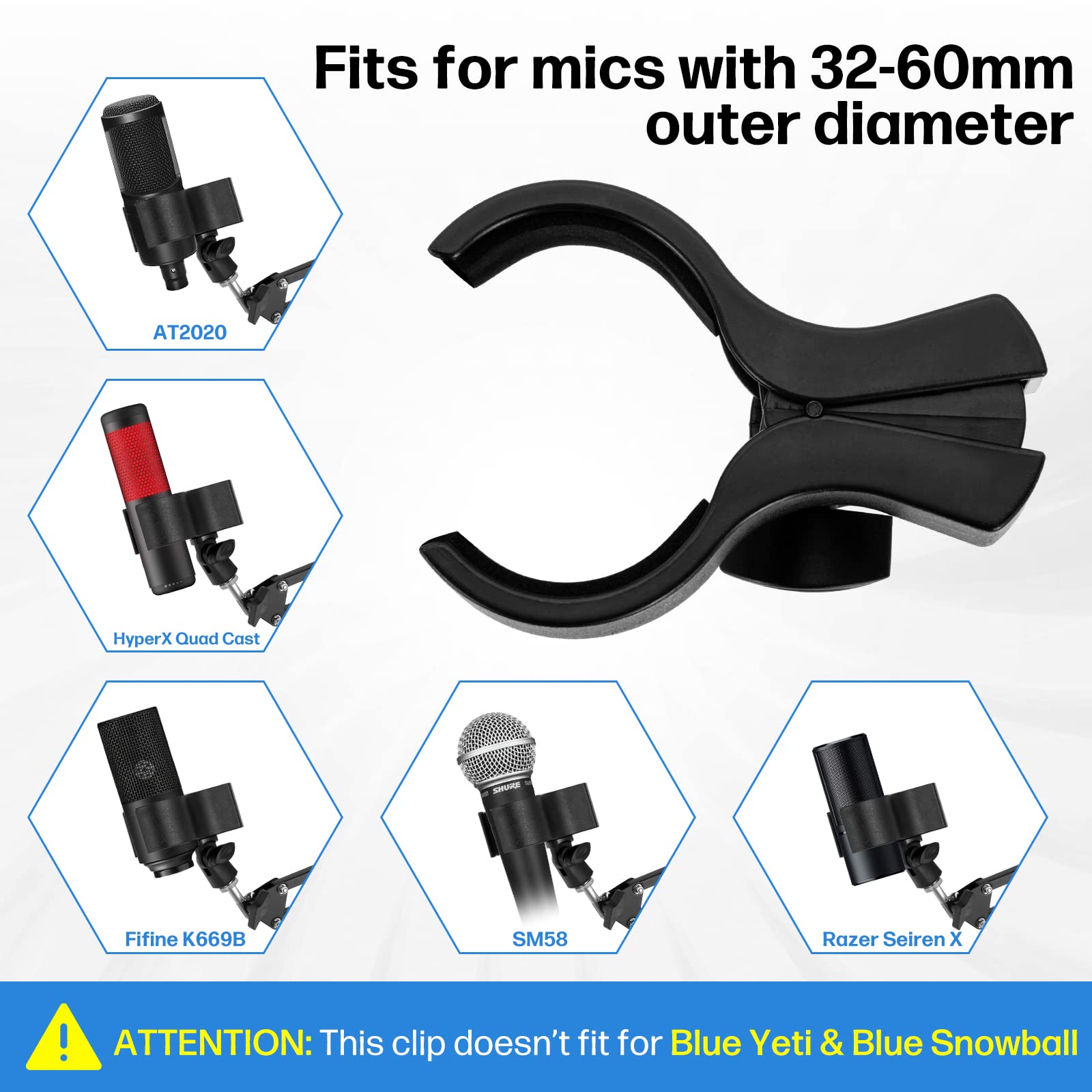 BILIONE 1 Pcs Upgraded Microphone Clip, Adjustable Mic Holder for Microphones with Outer Diameter Between 32mm and 60mm, with 5/8" Male to 3/8" Female Screw Adapter