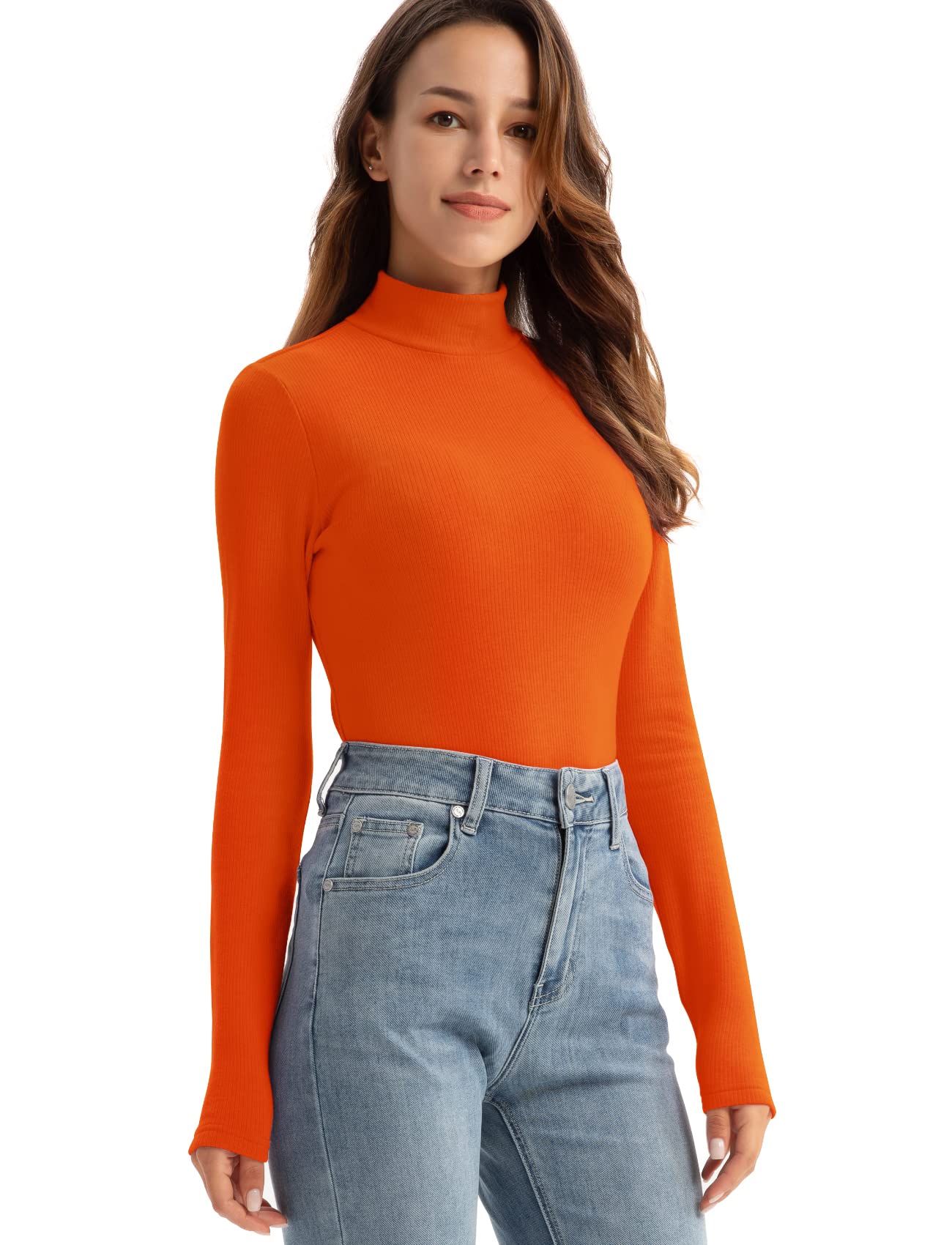 YumiDay Mock Turtleneck Base Layer Women(Orange,XL)