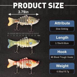 Fishing Lures Topwater Bass Trout Bait 3 PCS Multi Jointed Swimbaits Slow Sinking Bait Set for Saltwater/Freshwater 4-5.1 in