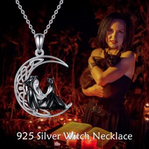 URONE Witch Necklace Sterling Silver Witch and Black Cat Celtic Moon Pendant Halloween Jewelry for Women