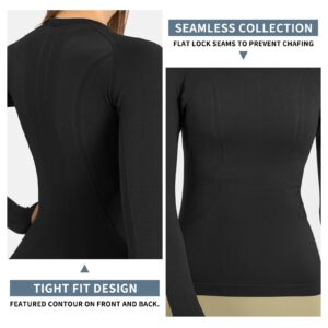 Long Sleeve Workout Shirts for Women Seamless Yoga Tops, Running T-Shirt Breathable Gym Athletic Tops Slim Fit Black