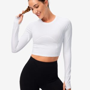 SANTINY Women's Long Sleeve Crop Workout Tops Slim Fit Gym Yoga Running Shirts for Women(A White_M)