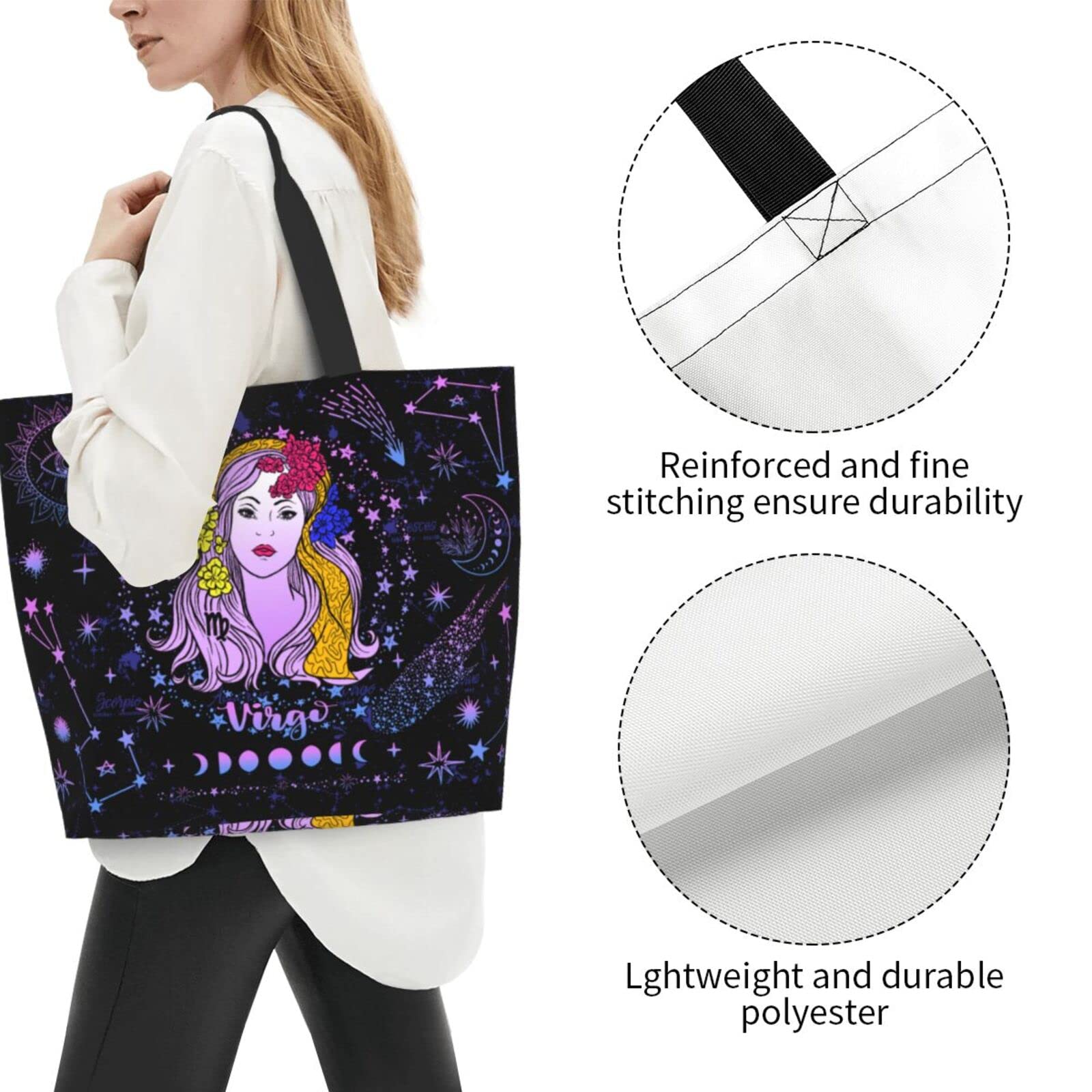 JASUTOT Virgo Constellation Tote Bag Large Canvas Zodiac Sign Astrology Shoulder Tote Handle Bag For Gym Beach Weekender Travel Shopping