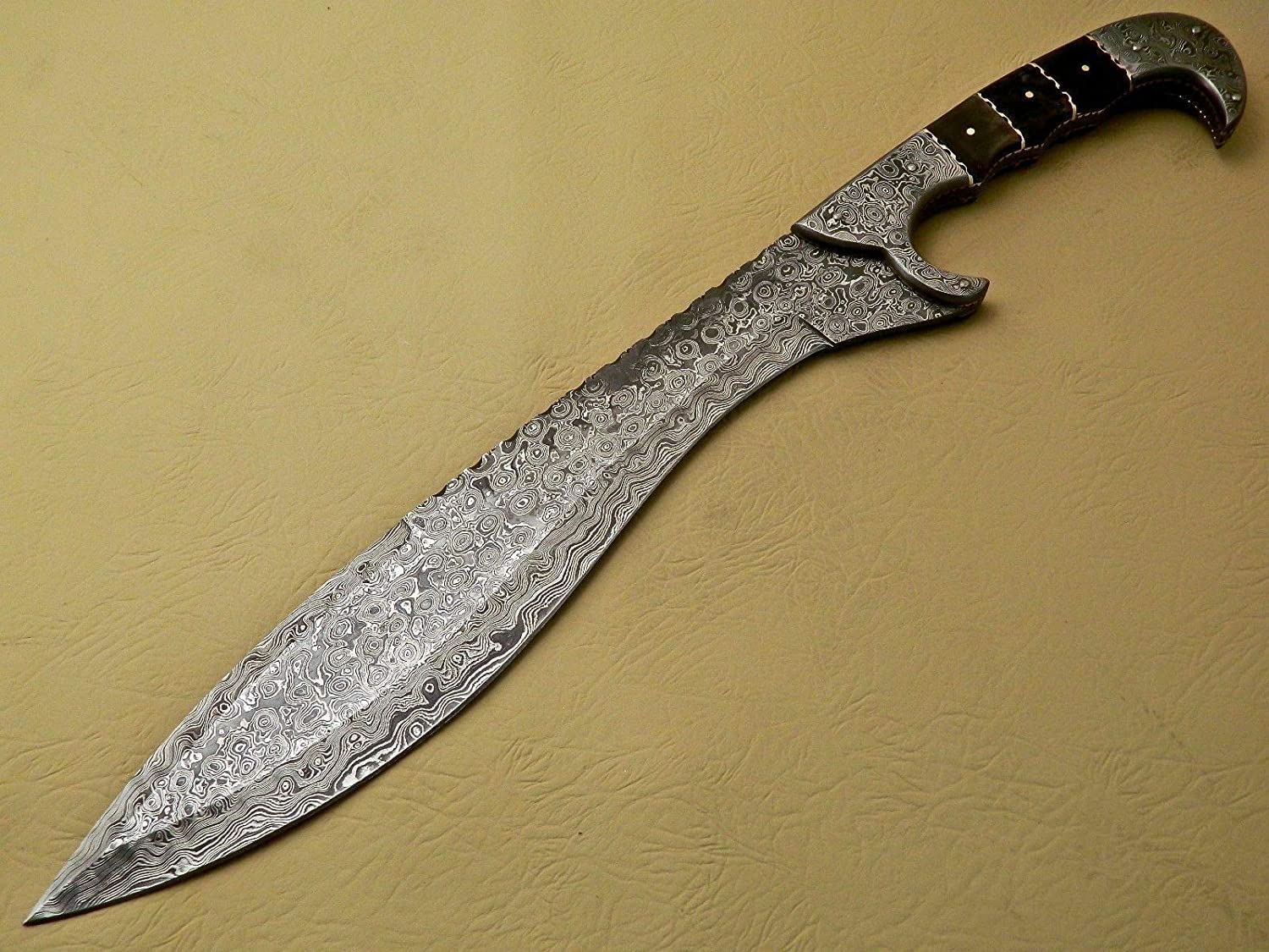 18" Custom Hand Made Damascus Steel Kopis Hunting Bowie Knife Handle Bull Horn HB 21