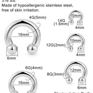 Hoeudjo Large Septum Rings 14G 12G 8G 6G 4G PA Ring Internally Threaded Ball Horseshoe Barbells Ear Gauges Stretching Expander Kit Stainless Steel Stretched Septum Jewelry Kit for Women Men