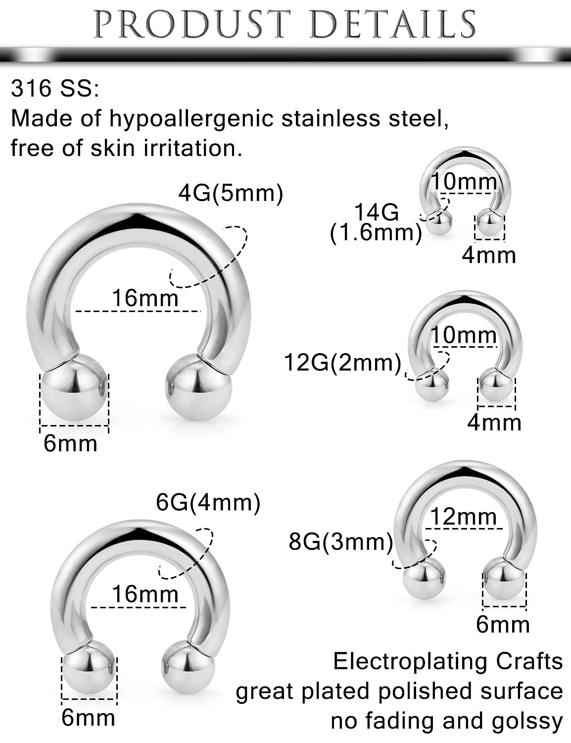 Hoeudjo Large Septum Rings 14G 12G 8G 6G 4G PA Ring Internally Threaded Ball Horseshoe Barbells Ear Gauges Stretching Expander Kit Stainless Steel Stretched Septum Jewelry Kit for Women Men