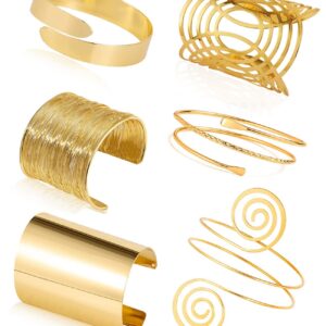 COLOYAN 6Pcs Gold Arm Cuff - Upper Arm Cuff Bangle Bracelet Set Adjustable Minimalist Simple Coil Bangle Wide Wire Grooved Cuff Open Arm Band Cuff Armlet Armlet Armband Bracelets for Women