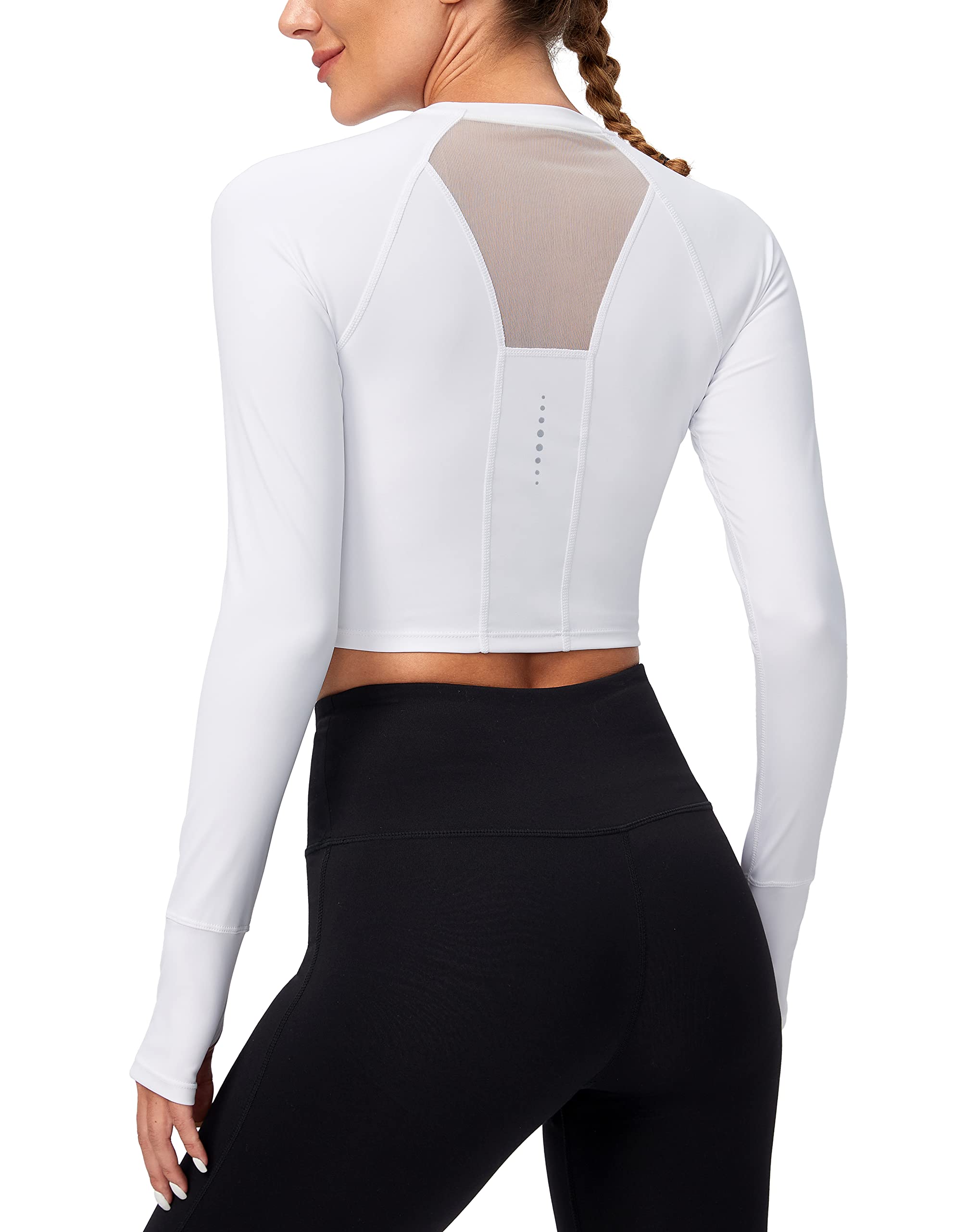 SANTINY Women's Long Sleeve Crop Workout Tops Slim Fit Gym Yoga Running Shirts for Women(A White_M)