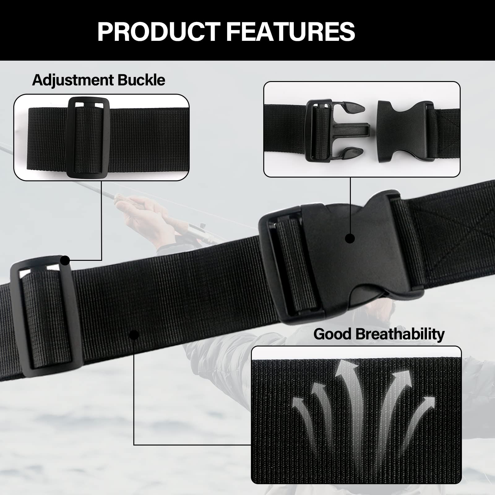 Fishing Wading Belt Rod Holder Adjustable Wader Fishing Waist Belt for Fly Surf Casting Spinning Fishing Pole Fishing Tackle (Black)