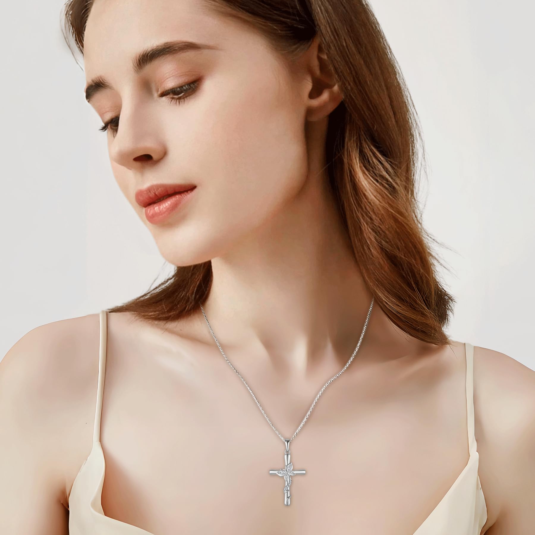 Blaniy Cross Necklace for Women 925 Sterling Silver Butterfly Necklace April Birthstone Pendant Necklace with Cubic Zirconia Jewelry Gifts for Women