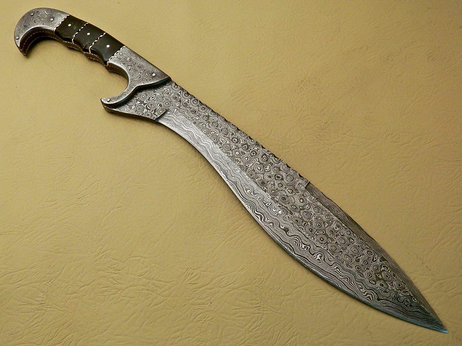 18" Custom Hand Made Damascus Steel Kopis Hunting Bowie Knife Handle Bull Horn HB 21