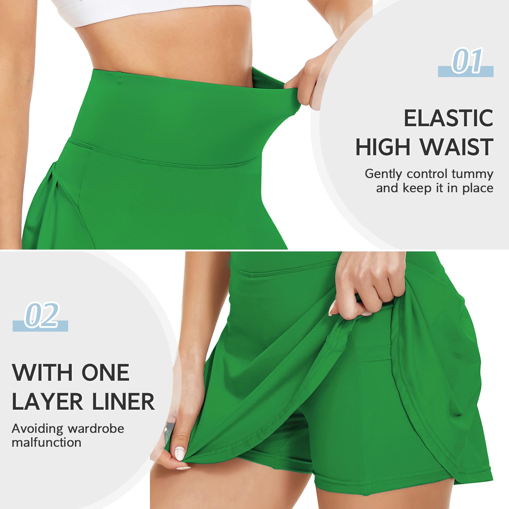 Century Star Tennis Skirts with Pockets for Women Pleated Shorts High Waisted Sports Mini A Line Athletic Golf Running Skirts 09 Green X-Large