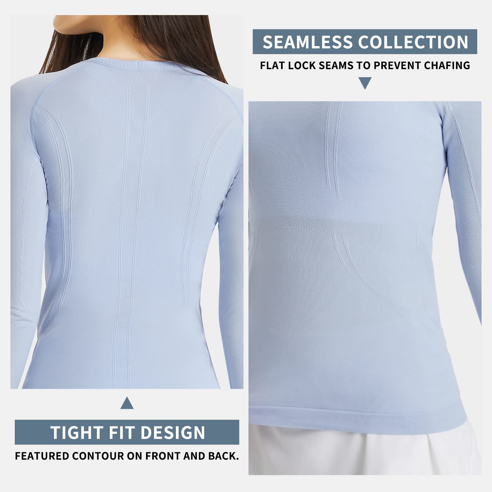 Long Sleeve Workout Shirts for Women Seamless Yoga Tops, Running T-Shirt Breathable Gym Athletic Tops Slim Fit Blue