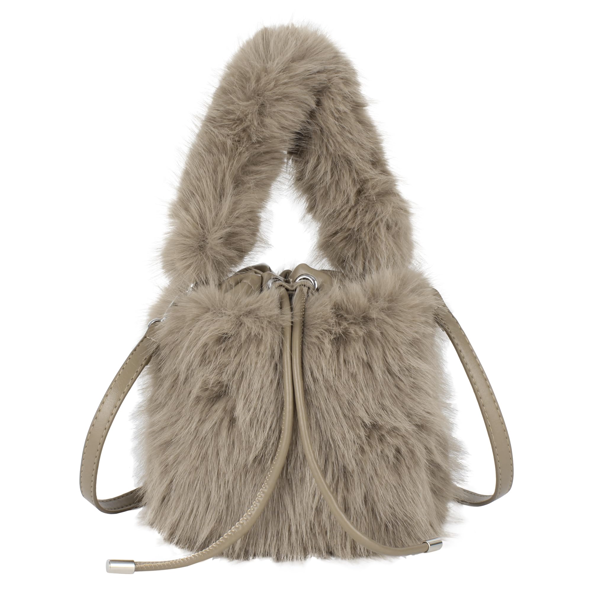 Hyuyikuwol Women Faux Fur Winter Fashion Shoulder Bag Barrel Shape Drawstring Satchel Purse, Khaki