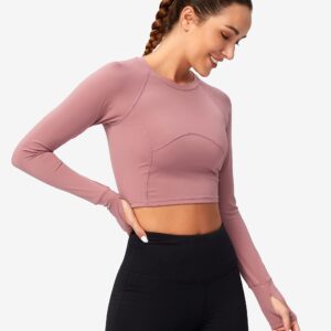 SANTINY Women's Long Sleeve Crop Workout Tops Slim Fit Gym Yoga Running Shirts for Women(B Pink_M)